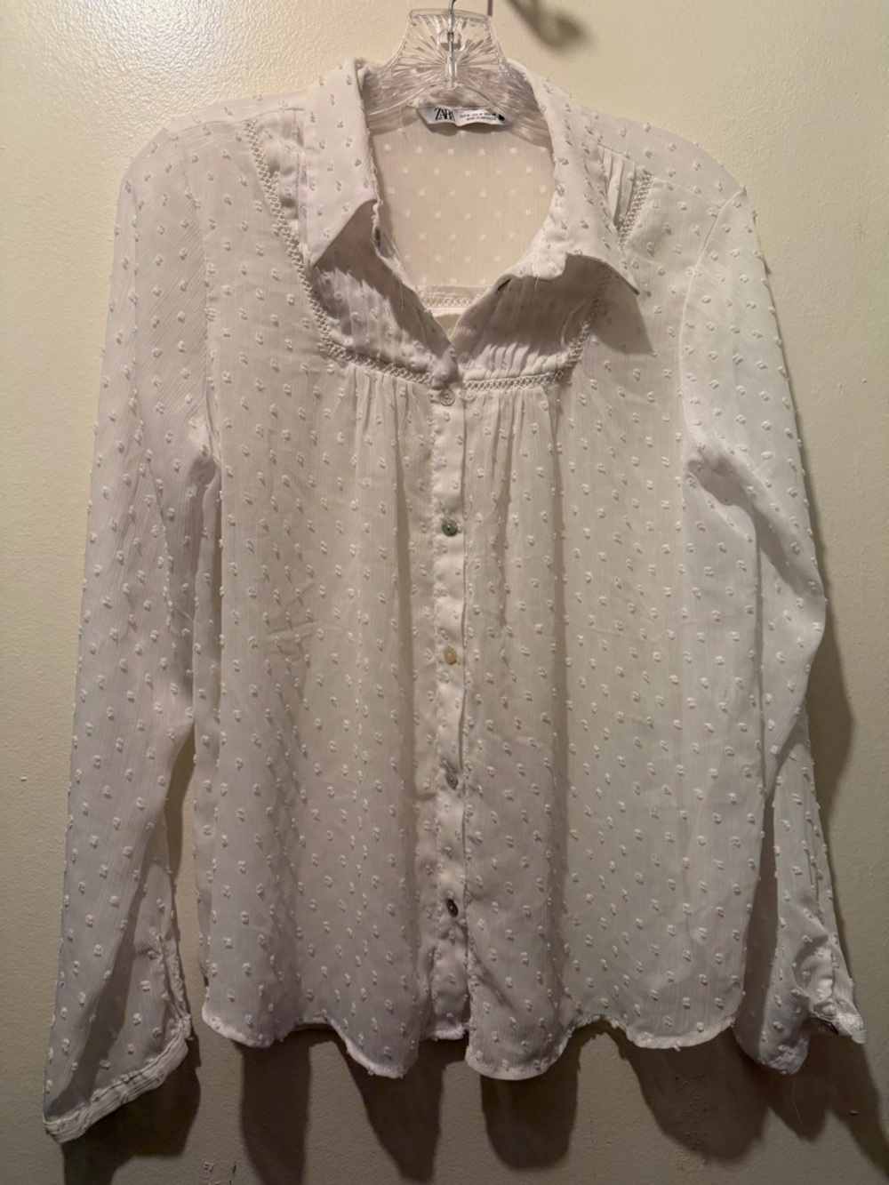 Zara White Swiss Dot Button-Down Blouse